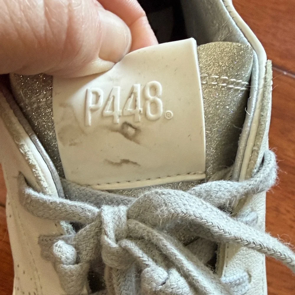 P448 John Low Top Sneakers White Leather Grey Suede Metallic Accents Size 41